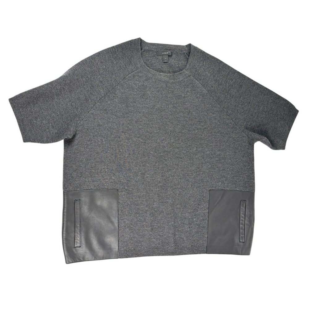 J.Crew Gray Merino Wool Short Sleeve Sweater Black Leather Pockets L
